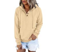 CGGMVCG Sudadera con capucha Henley de manga larga con botones para mujer, casual, ajuste holgado, con capucha, color liso, caqui, XXL
