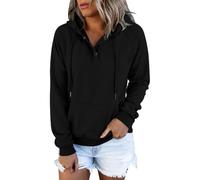 CGGMVCG Sudadera con capucha Henley de manga larga con botones para mujer, casual, ajuste holgado, con capucha, color liso, Negro, M