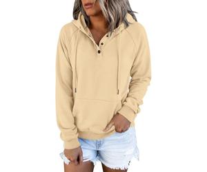 CGGMVCG Sudadera con capucha Henley de manga larga con botones para mujer, casual, ajuste holgado, con capucha, color liso, caqui, L