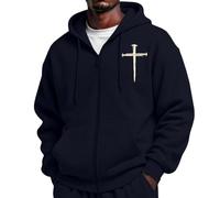 CGGMVCG Sudadera cristiana con capucha y cremallera completa para hombre, con estampado cruzado, sudadera informal de manga larga con bolsillo, azul marino, L