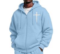 CGGMVCG Sudadera cristiana con capucha y cremallera completa para hombre, con estampado cruzado, sudadera informal de manga larga con bolsillo, azul claro, XL