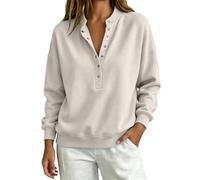 CGGMVCG Sudadera Henley de manga larga con botones para mujer, informal, con hombros caídos, ajuste holgado, lisa, cómoda, beige, M