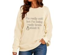 CGGMVCG Sudadera para mujer con texto en inglés "I'm Really Cold But I'm Being Really Brave About It", con estampado de eslogan divertido, manga larga, cuello redondo, informal, holgada, beige, 3XL