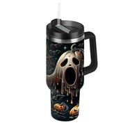 Cgiub Vaso de Halloween Boo Pumpkin de 1200 ml con asa y pajita, vaso de acero inoxidable aislado al vacío, sin BPA, a prueba de fugas, taza de café de viaje, apto para portavasos de coche