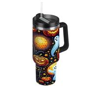 Cgiub Vaso de Halloween Boo Pumpkin de 1200 ml con asa y pajita, vaso de acero inoxidable aislado al vacío, sin BPA, a prueba de fugas, taza de café de viaje, apto para portavasos de coche