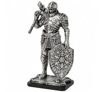 CGJcgjhHU Figura Caballero Medieval de Resina Armadura Plata Decoración,A | Guerrero 18 cm pintado a mano con armas y escudos para escritorio estantería librería salón despacho y coleccionistas