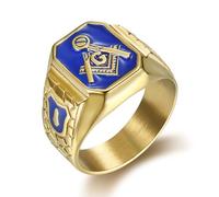 CGJseFH Anillos vintage, Anillo masónico de esmalte azul for hombre con el símbolo Maestro Masón, joyería vintage acero y titanio dorado for masones(S)