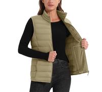 CGUOHU Chaleco Acolchado Mujer Chalecos acolchados con cuello levantado y cremallera for mujer, chalecos cálidos sin mangas for exteriores, chaquetas ligeras acolchadas for(Khaki,L)