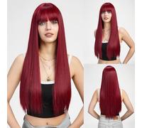 CGVG Peluca larga y recta para mujer con flequillo, sintética, resistente al calor, lisa, para la vida cotidiana, cosplay, fiesta, Halloween, carnaval (rojo vino)