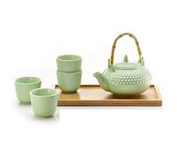 ChaCult | Juego de té Tanaka | Juego de té de porcelana en relieve Tetera con Mango de Bambú, 4 Tazas, Bandeja de Madera