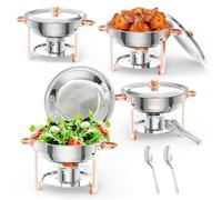 Chafing Dish Buffet Set de recipientes para alimentos de 5 litros, paquete de 4 unidades, acero inoxidable con tapa, cuchara y pinzas, dispensador de calor redondo para bodas, bufé, cualquier fiesta