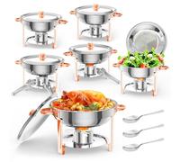 Chafing Dish Buffet Set de recipientes para alimentos de 5 litros, paquete de 6 unidades, calentadores de acero inoxidable con tapa, cuchara y pinzas, dispensador de calor redondo para bodas, buffet