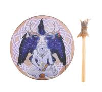 Chaies Tambor de mano de chamán para adultos, tambor de chamán hecho a mano de 9 pulgadas | Chamán instrumental con diseño de cabeza de lobo, auténtico tambor siberiano para