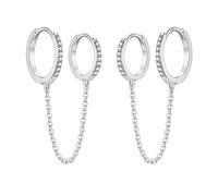 Chain Earrings for Women - 925 Sterling Silver Gold Hoop Double Piercing Earrings Two Holes CZ Huggie Hoop Earrings Set Tassel Drop Link Cuff Cartilage Helix Earrings for Teen Girls Jewellery Gifts