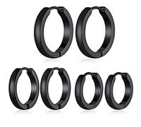 ChainsHouse Juego de pendientes de aro de acero inoxidable quirúrgico hipoalergénicos, chapado en oro de 18 quilates, chapado en metal negro, 7 mm/8 mm/9 mm/12 mm, 3 pares de pendientes de aro sin níquel para mujeres y hombres, envío de caja de regalo negro