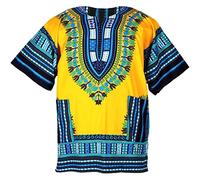 CHAINUPON Camisa africana de algodón Dashiki, estilo tribal, festival, bohemio, años 60 y 70, caftán hippie, amarillo, XL