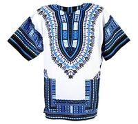 CHAINUPON Camisa africana de algodón Dashiki, para hombre y mujer, para festival, bohemio, hippie, años 60 y 70, azul oscuro blanco, M
