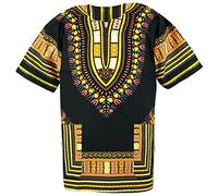 CHAINUPON Camisa africana de algodón Dashiki, para hombre y mujer, para festival, bohemio, hippie, años 60 y 70, Negro Amarillo, 3XL