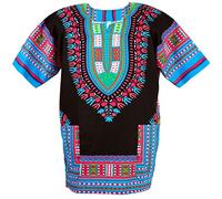 CHAINUPON Camisa africana de algodón Dashiki Tribal Festival Boho 60's 70's Hippie Kaftan, Black Sky Blue, 50