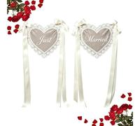 Chair Decor - 2-Piece (Ribbon) Lace | Vintage Wedding Heart Accent | Elegant sheer Just Married signs feature a delicate heart motif and long ribbons for ceremony seating or reception pews.