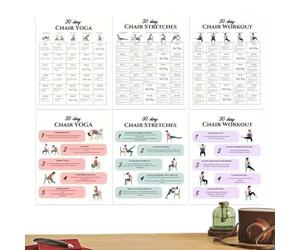 Chair Yoga - Paper 10 x 7,99 in 6 Pieces Workout Chart Set | 30 Day Chair Yoga Guide, Printable Exercise Rutine Poster | Fitness Training Tool For Beginners Home Office Travel Gym Wellness Practice