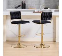 chairus 2X Taburetes de Bar de Terciopelo con Respaldo Trenzado Sillas Altas Cocina Elegantes, Taburetes Isla de Cocina Altura Ajustable Sillas Barra Giratoria con Patas Dorado para Hogar, Negro