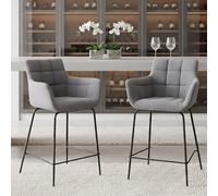 chairus Juego de 2 Taburetes de Bar Tapizado en Tejido de Toalla Banqueta para Isla de Cocina con Asiento Ancho, Sillas Altas Modernas con Brazos para Cocina, Gris