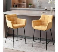 chairus Juego de 2 Taburetes de Bar Tapizado en Tejido de Toalla Banqueta para Isla de Cocina con Asiento Ancho, Sillas Altas Modernas con Brazos para Cocina, Amarillo