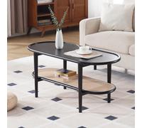 chairus Mesa Salón de Madera Mesa Central Ovalada con Estante de Ratán, Mesita de Centro Moderna Mesa Baja de Sofá con Estilo Rústico para Hogar, Negro