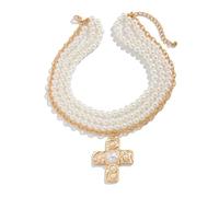 CHAKAE Aleación Crucifijo Collar Colgante Pearls Faux Pearls Cadena Clavícula Longitud Ajustable Cabeza Ropa Corbilla Corbilla Collar Mujeres Ligeras