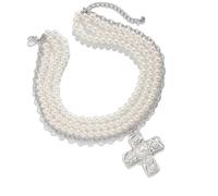 CHAKAE Aleación Crucifijo Collar Colgante Pearls Faux Pearls Cadena Clavícula Longitud Ajustable Cabeza Ropa Corbilla Corbilla Collar Mujeres Ligeras