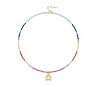 CHAKAE Collar con colgante de letra burbujeada chapado en oro de 14 quilates con cuentas de piedras preciosas arcoíris para mujer, joyería de playa, joyería única con colgante de letra, talla única