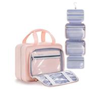 Chakipee Neceser de Via je Colgante para Mujer - Necessaire Impermeable con Ventana Transparente, Desplegable Compartimentos Bolsa de Aseo Ligera para Makeup, Champú y Artículos Rosa, Grande