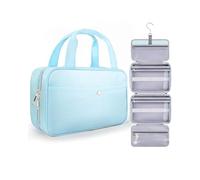 Chakipee Neceser de Viaje Colgante para Mujer - Necessaire Impermeable con Ventana Transparente, Desplegable Compartimentos Bolsa de Aseo Ligera para Makeup, Champú y Artículos Azul, Mediano