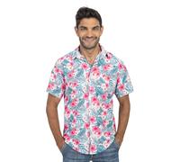 Chaks - Camisa hawaiana para hombre con flores de hibisco en rosa brillante, camisa de verano de manga corta para fiestas, festivales, vacaciones y moda de playa