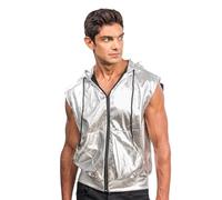 Chaks - Chaqueta con capucha, metálica, sin mangas y con cremallera, chaleco para festival, fiesta, fiesta temática de discoteca