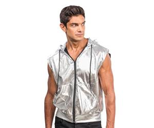 Chaks - Chaqueta con capucha, metálica, sin mangas y con cremallera, chaleco para festival, fiesta, fiesta temática de discoteca