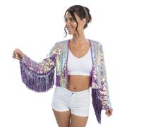 Chaks - Chaqueta corta para mujer, chaqueta corta con lentejuelas y mangas con flecos, traje brillante para fiestas de carnaval y festivales