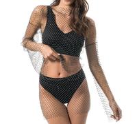 Chaks - conjunto de malla brillante para mujer en negro, con pedrería transparente como prenda de abrigo para festivales, la playa y fiestas