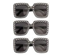 Chaks - Gafas de sol retro rectangulares, juego de 3 con strass | Gafas de fiesta con cristales tintados en negro accesorio para festivales y carnaval diseño vintage con montura de plástico