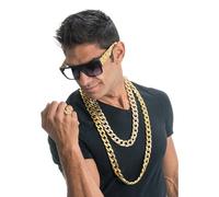 Chaks - Juego de 4 piezas de bisutería Hip Hop, accesorios de disfraz de rapero de los 80-90 con 2 cadenas de oro, anillo del dólar, gafas
