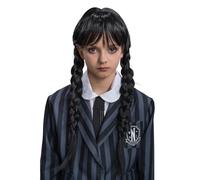 Chaks - Peluca Miércoles con 2 trenzas, peinado trenzado con flecos, en negro, pelo sintético, accesorio para disfraces