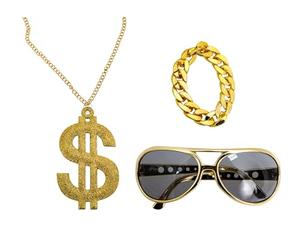 Chaks - Set de accesorios de rapero, cadena dorada, gafas y pulsera, atuendo para fiesta retro de los 80, 90, carnaval