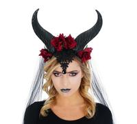 Chaks - Tocado de reina malvada para mujer, negro con cuernos, rosas y velo, accesorio de disfraz para Halloween
