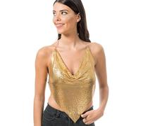 Chaks - Top de purpurina para mujer, sin mangas, look sexy metálico con cadenas, conjunto de fiesta para fiestas de clubwear