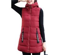 Chaleco Acolchado para Mujer Invierno Cremallera Chaqueta Sin Mangas Abajo Abrigos con Capucha Vino Rojo M