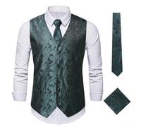 Chaleco casual sin mangas para hombre con estampado de cachemira y conjunto de accesorios, incluye corbata y bufanda cuadrada para combinaciones de atuendos (2XL verde)