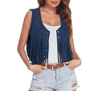 Chaleco con flecos para mujer, de ante sintético, sin mangas, estilo hippie de los años 70, estilo bohemio, occidental, de seda, azul, XL