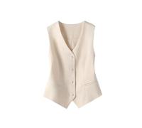 Chaleco corto para mujer, de un solo botonadura, sin mangas, para oficina, lugar de trabajo, ajustado, cuello en V, color liso, chaleco vintage, beige, S