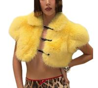 Chaleco corto sin mangas con textura de lujo, diseño de pieles artificiales, para clima frío, prenda esencial para capas de moda, chaleco corto de piel artificial para mujer, amarillo, L